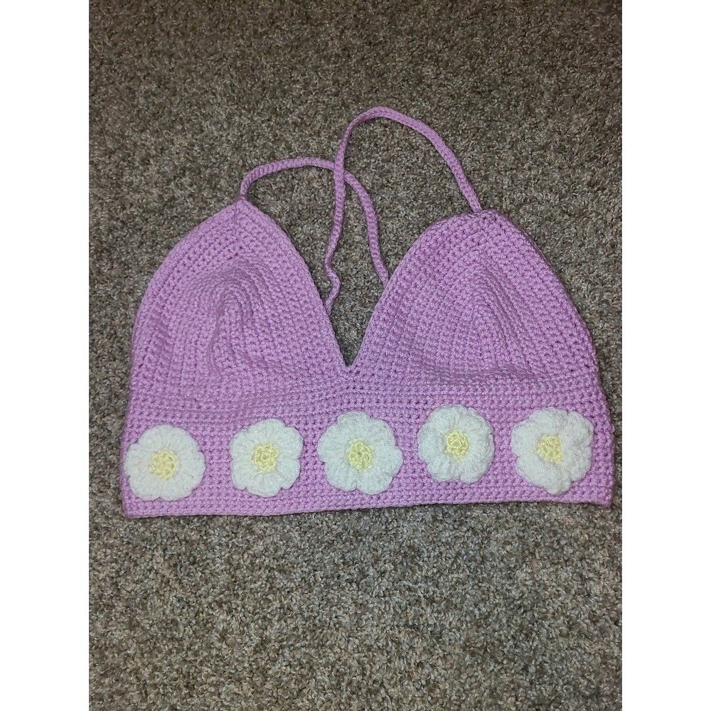 Handmade Crochet‎ Lavender Daisy Flower Halter Bralette Crop Top Purple Boho